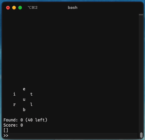 A demo of the CLI from the word 'rebuilt'. Player submits 'blurb' successfully, then 'rub' unsuccessfully, turns on the grid, submits 'butler' successfully, turns off the grid, turns on the wordlist, submits 'rebuilt' successfully, turns off the wordlist and generates a new Bee