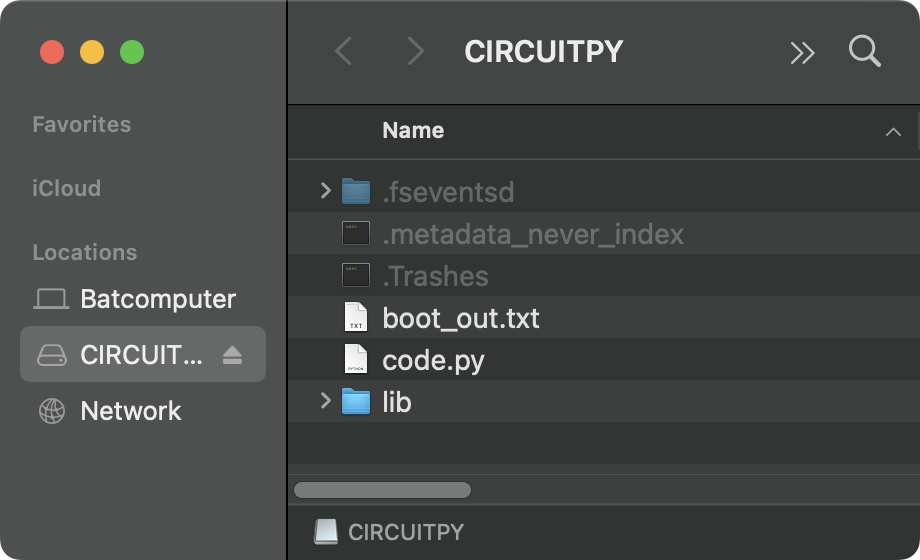 The CIRCUITPYTHON Finder window, showing the CIRCUITPYTHON drive mounted and flashed successfully