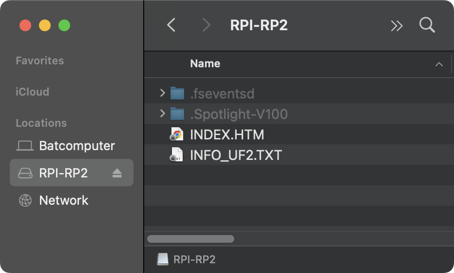 The RPI-RP2 Finder window, showing the RPI-RP2 drive mounted